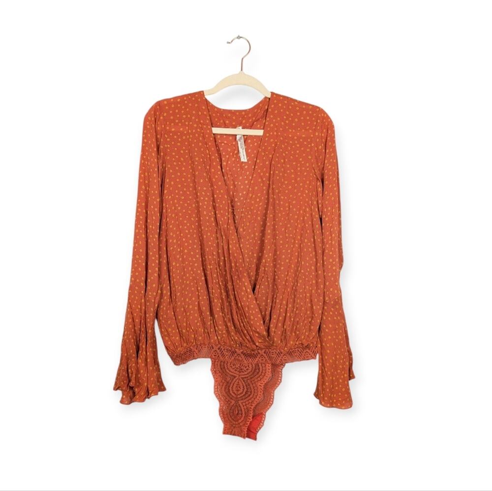 Free People Intimately Makin Waves Bodysuit S Terracotta Dot Print Sheer Boho